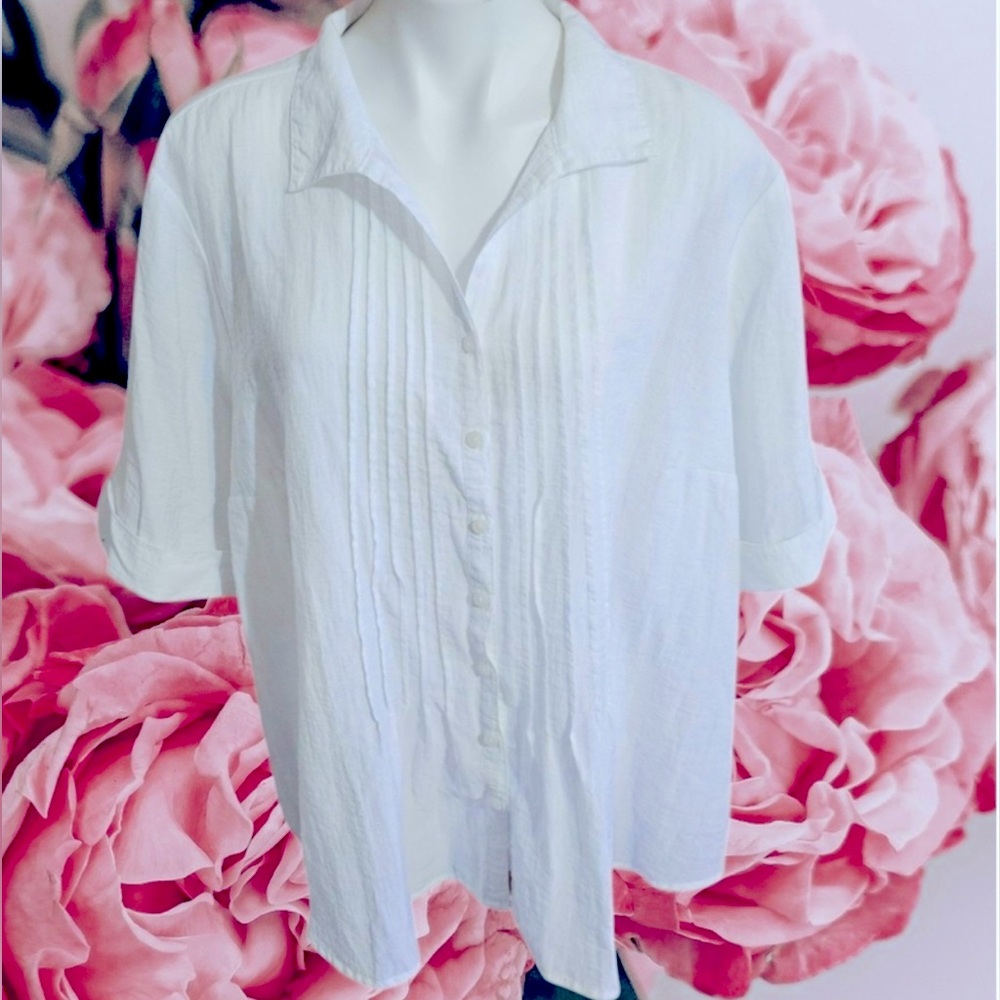 Coldwater Creek 22W Crisp White Pleated Button Down Short Sleeve Shirt